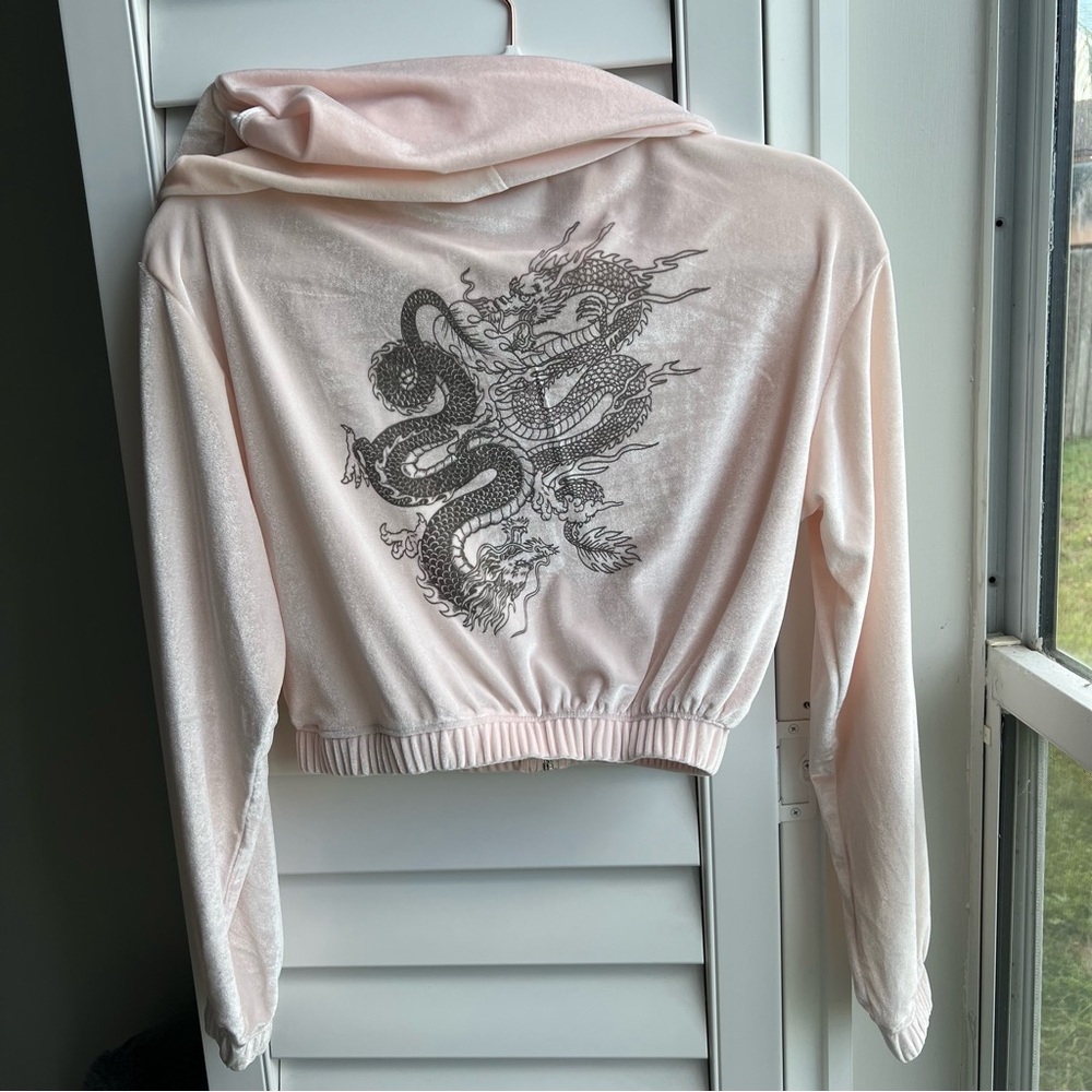 Long Sleeve Pink Dragon Print Hooded
Crop Zip-Up Jacket